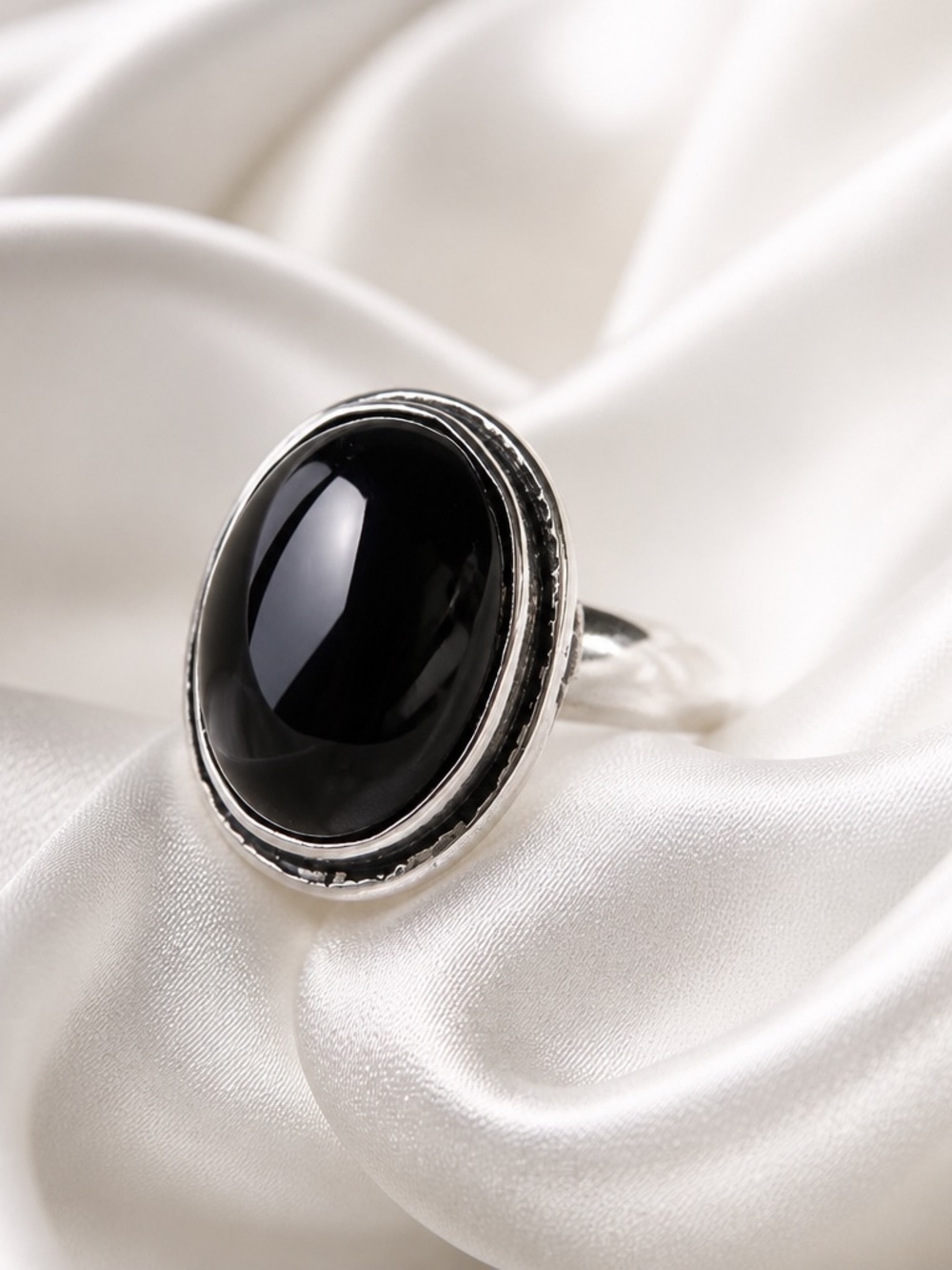 Sterling Silver Black Onyx Oval Ring - Women's Elegant Statement